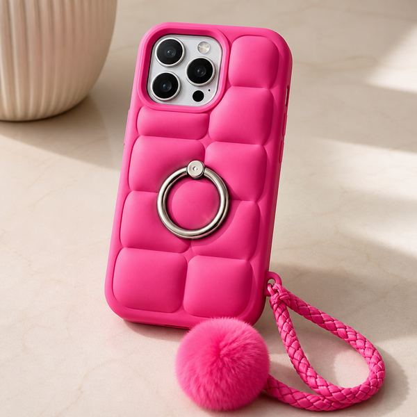 Cover rosa imbottita con anello e pompon