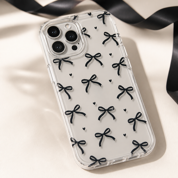Cover trasparente con fiocchi neri