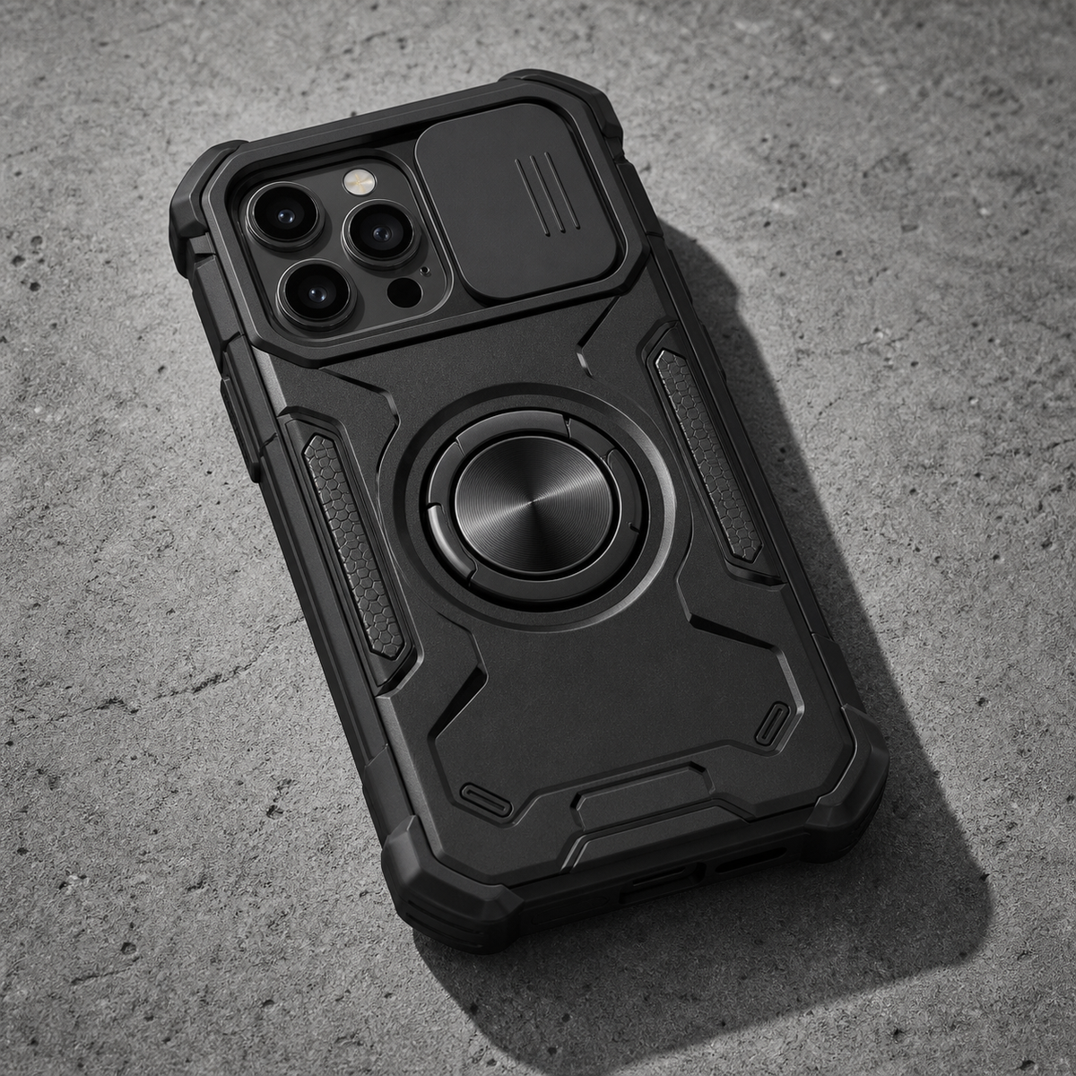 Cover rugged nera con anello sul retro