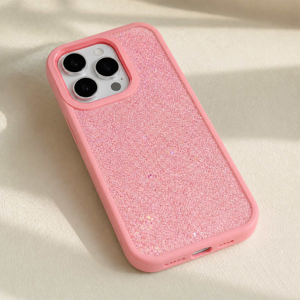 Cover glitter rosa con finestra sulle fotocamere