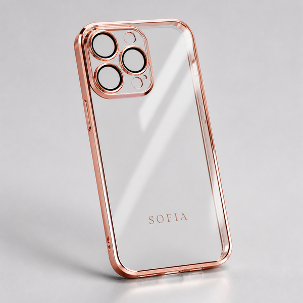 Cover trasparente personalizzata con cornice oro rosa