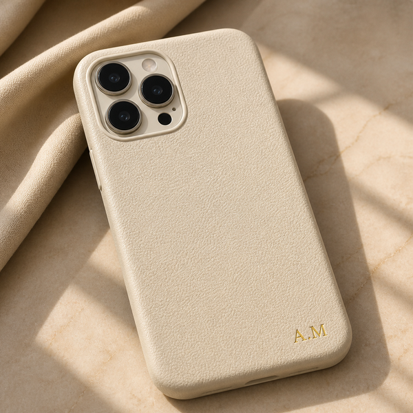 Cover beige in similpelle con iniziali dorate