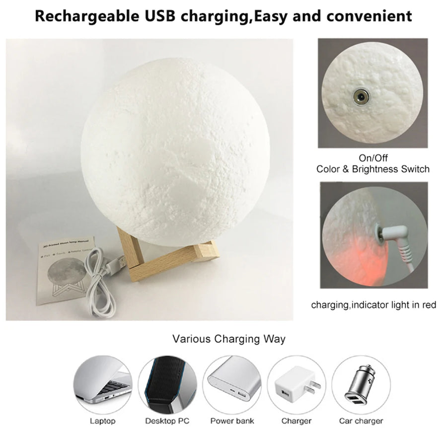 3D Moon Lamp — Color-Changing LED Night Light with Touch Control | USB Rechargeable