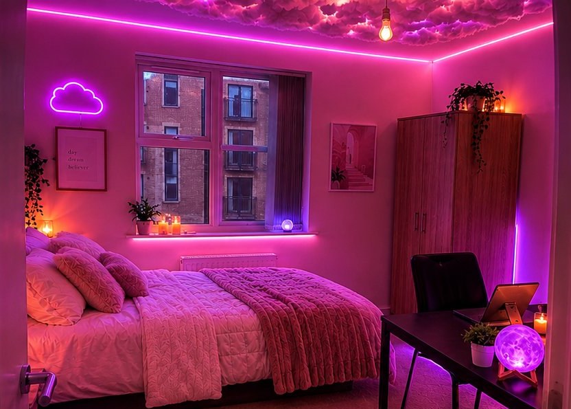 Bedroom after ComfyAF transformation with pink LED lights