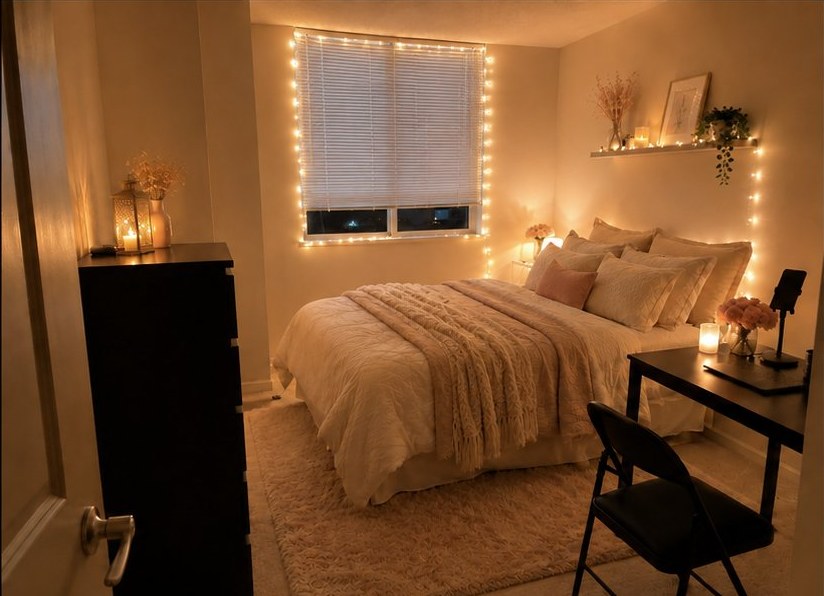 Bedroom after ComfyAF transformation with warm string lights
