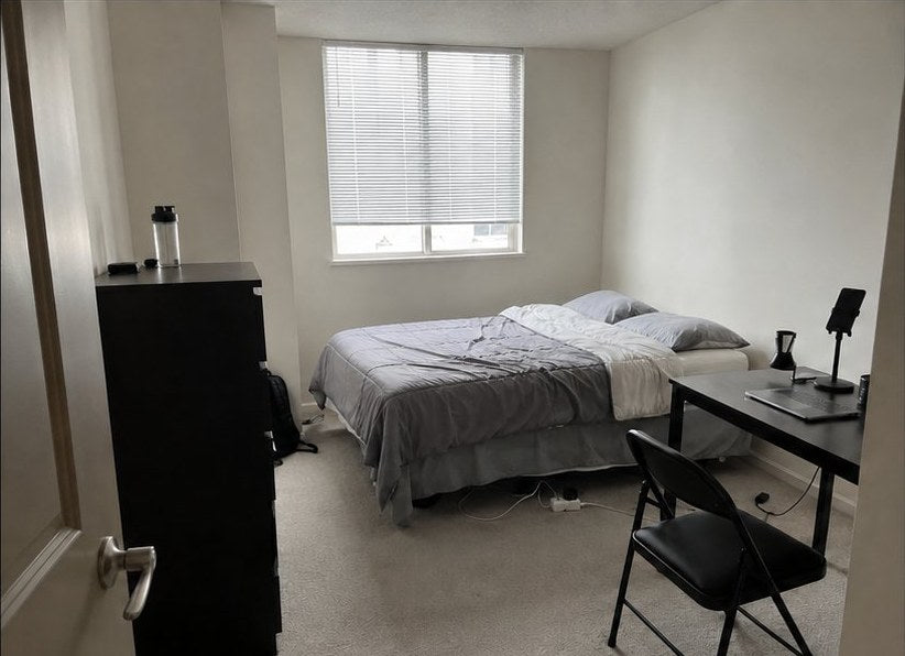 Plain bedroom before ComfyAF transformation — warm string lights room